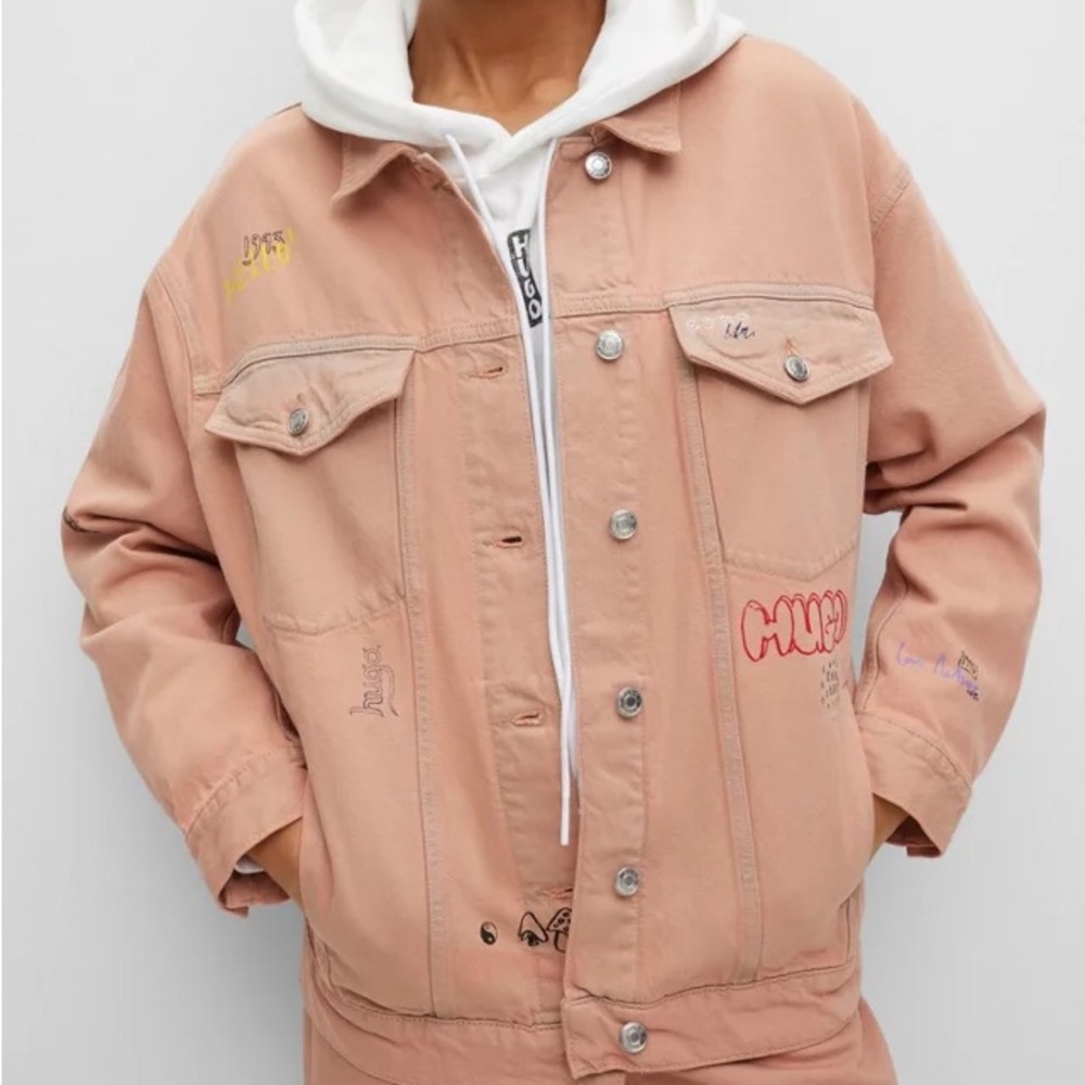 HUGO OVERSIZED-FIT JACKET IN OVERDYED DENIM WITH DOODLE MOTIFS